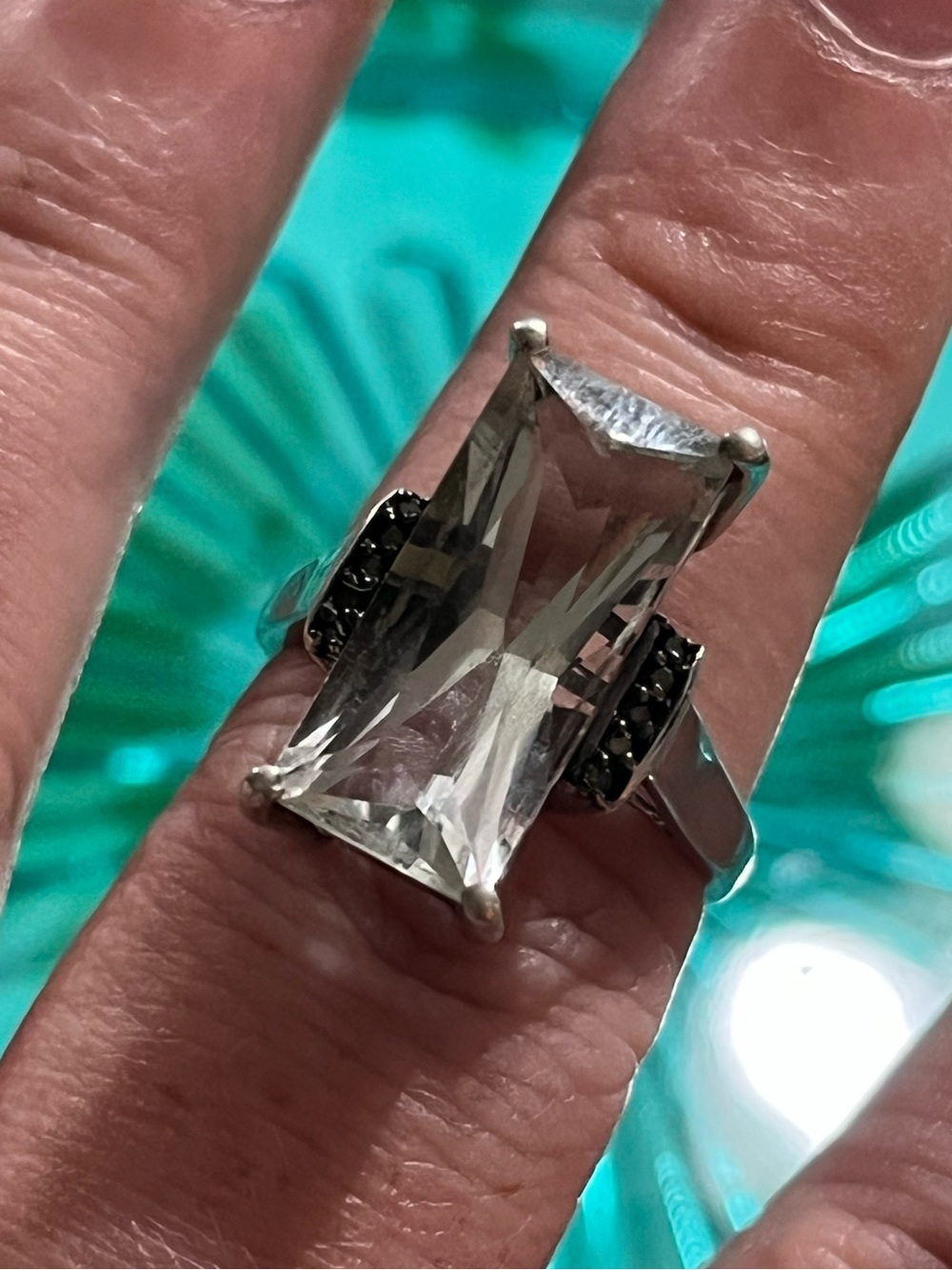 Vintage Sterling Silver 925 Green Amethyst Black Diamond Ring Size 6.75